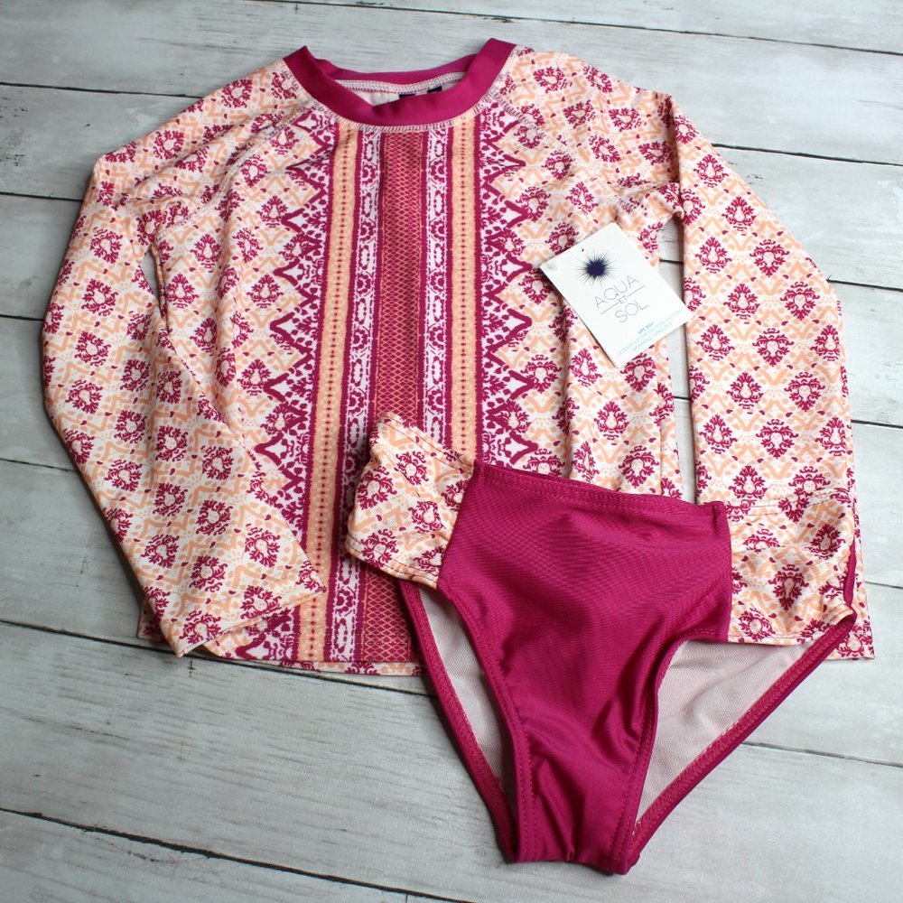 Aqua Et Sol Girl's Rashguard Swimsuit Size 14/16 UPF 50+ 2 Pc
